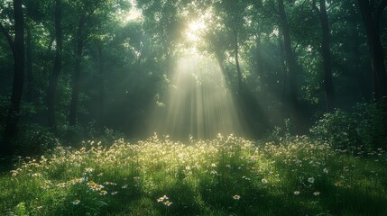 Sunbeams Through Forest Canopy with Wildflowers