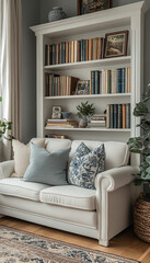 A white sofa with blue and white patterned pillows sits in front of a white bookcase filled with books and decorative items. 