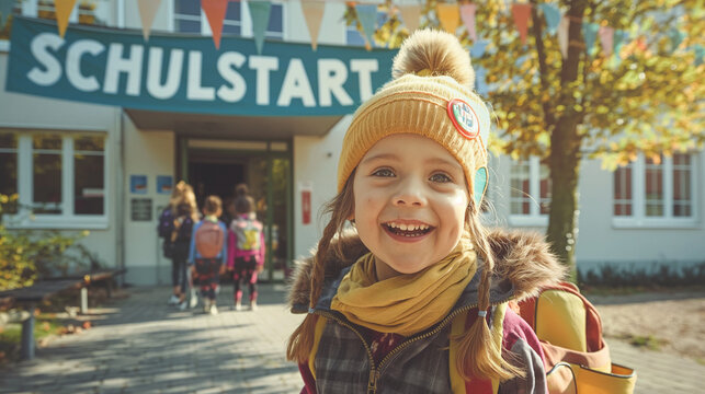 Kind geht auf Schule zu unter "Guten Schulstart" Banner.