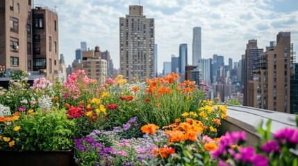 Rooftop Garden in Full Bloom with a Variety of Flowers Overlooking the City Skyline