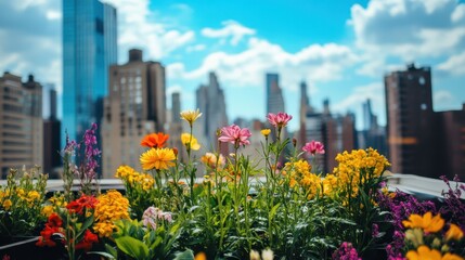 Rooftop Garden in Full Bloom with a Variety of Flowers Overlooking the City Skyline