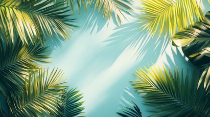 Tropical Palm Leaves Border on a Light Blue Background