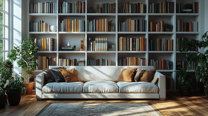 A white sofa with throw pillows sits in front of a large white bookshelf filled with books. Sunlight streams through a window, casting shadows on the wooden floor and the sofa.