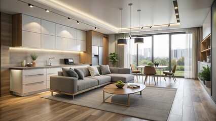 Sleek and modern empty apartment with minimalist design, featuring living room, kitchen, bedroom, and bathroom filled with natural light and neutral colors