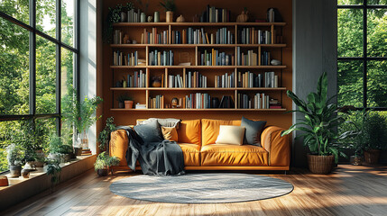 Cozy living room with a leather sofa, a large bookshelf filled with books, and large windows with a view of green trees.