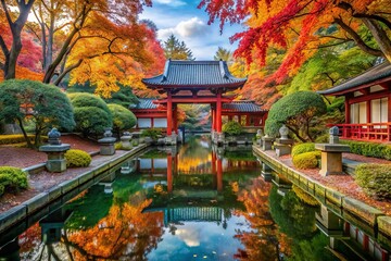 Obraz premium Vibrant autumn leaves surround serene walking paths, tranquil ponds, and ornate gates within the peaceful inner garden