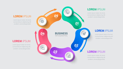 Business infographic template with Arrow Circle label 5 Steps and Icon for presentation