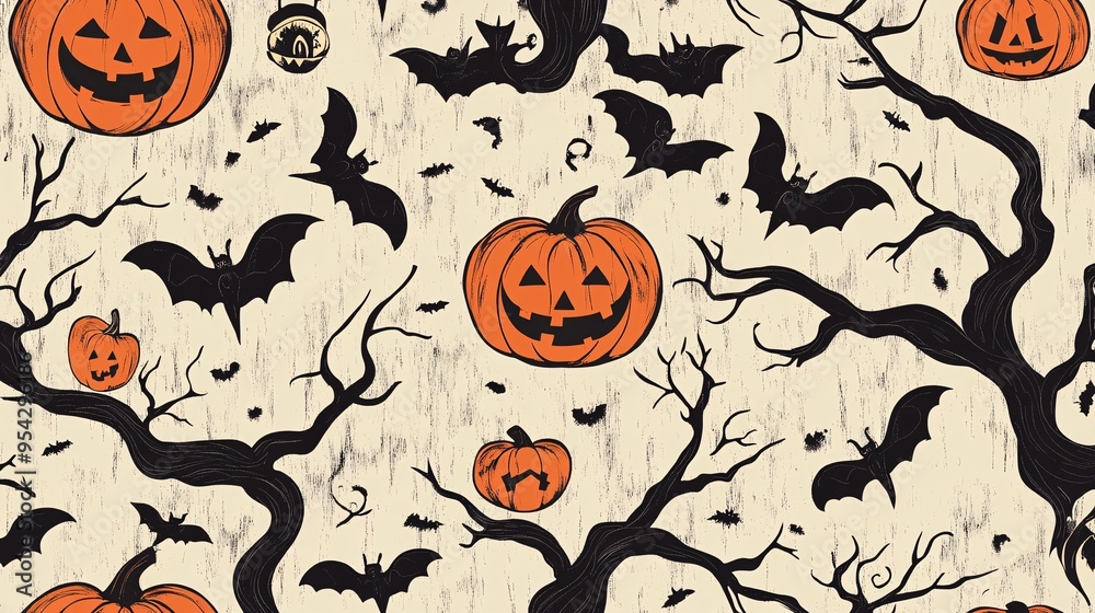 Canvas Prints Halloween seamless pattern with pumpkins and bats flying over dead trees, a spooky vector illustration