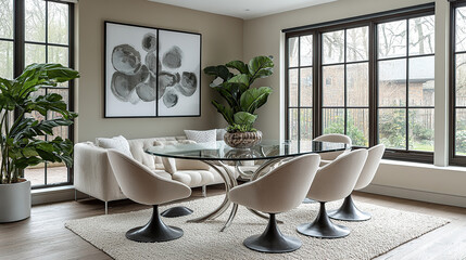 Modern dining room with glass table and white chairs, large windows and abstract art.