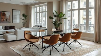 Modern dining room with glass table, brown chairs, beige rug, and large windows.