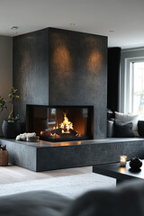 Modern fireplace with a sleek, contemporary design, featuring a built-in seating area, a cozy fire, and warm lighting.