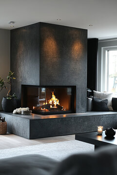 Modern fireplace with a sleek, contemporary design, featuring a built-in seating area, a cozy fire, and warm lighting.