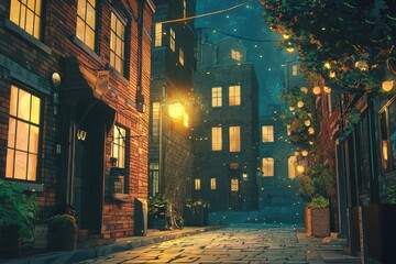 Fototapeta premium Exploring a quiet street as the golden light of early morning bathes the surroundings. Cozy vibe, Generative AI