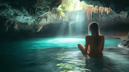 Fototapeta premium Woman sits by a turquoise lagoon in a cave.
