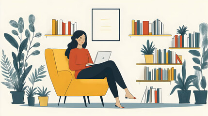 Woman sitting in yellow armchair using a laptop computer in a living room setting.