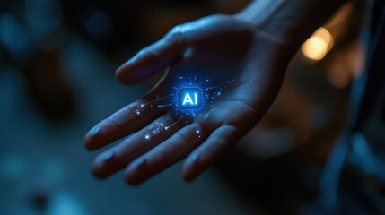 A hand holding a glowing blue square with the letters AI on it