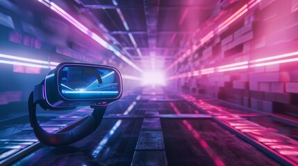 Futuristic virtual reality landscape featuring vr headset in a digital sci fi game environment