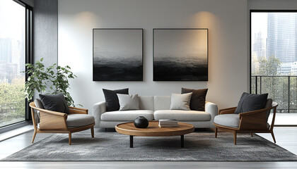 Modern living room interior with white sofa, two armchairs, a coffee table, two black and white abstract paintings, and a plant.