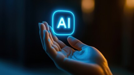 A hand holding a blue square with the letters AI on it