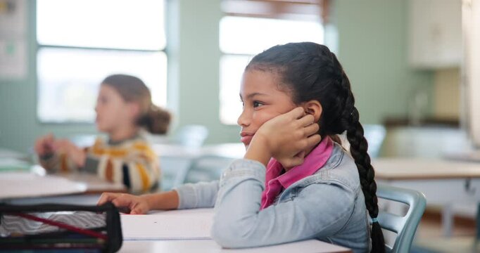 Thinking, girl and classroom for education at school with learning, knowledge and answers for bored of exam. Student, fatigue and brainstorming for lesson quiz, assessment and creative for future