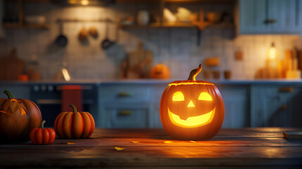 Cozy Halloween kitchen scene with a glowing jack-o'-lantern and pumpkins on a wooden table