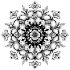 A vintage black and white illustration of an ornate floral rosette, rich with decorative detail.