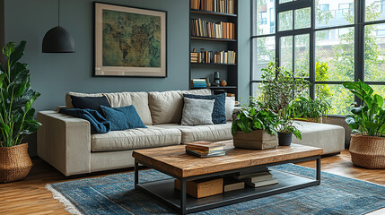 Modern living room with a large sectional sofa, a wooden coffee table, and a rug.  There are large windows and a bookshelf full of books, and plants in pots.