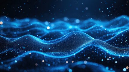 Abstract Blue Wavy Background with Glowing Particles