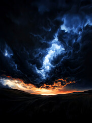 Fototapeta premium Dramatic storm clouds with a vibrant sunset on the horizon, creating a stunning contrast between dark and light skies over a landscape.