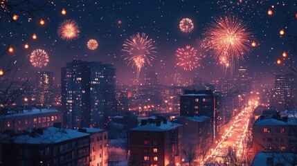 Celebratory Fireworks Illuminate Winter Night Sky over Snow-Covered Cityscape