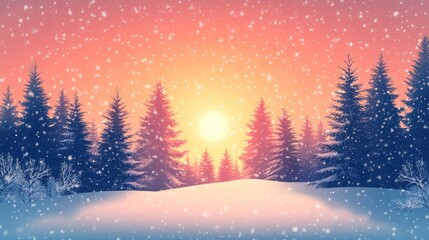 Fototapeta premium Winter Wonderland Sunset with Snowfall in Peaceful Pine Forest