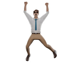 3D Cartoon of Male Teacher. A male teacher jumped up with both hands raised high and an excited expression. Professional