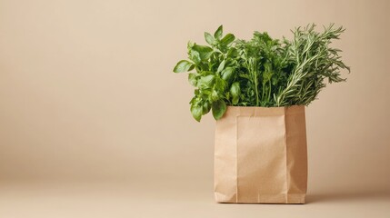 Fresh Herbs in Eco-Friendly Brown Paper Bag on Beige Background - Basil, Parsley, Rosemary, Zero Waste