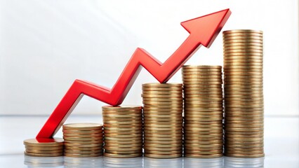 Stack of coins with a red downward arrow, illustrating the effect of falling interest rates on savings Interest rate symbol breaking apart as it descends, symbolizing financial uncertainty