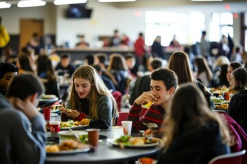 A lively college cafeteria with students sitting at tables, enjoying lunch together. The atmosphere is filled with laughter and the clatter of dishes