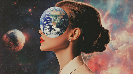 Naklejka premium Woman with Earth for a Head in Space.