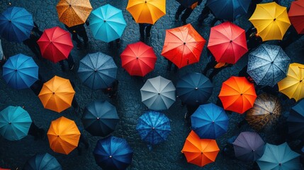 Naklejka premium Top View of Colorful Umbrellas on a Rainy Street Creating Vibrant Patterns