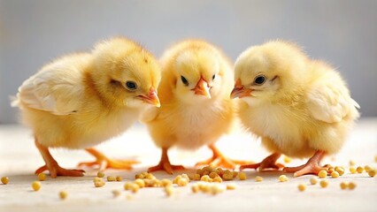 Adorable trio of fluffy, golden-feathered Wyandotte chicks, their tiny beaks open, pecking at the floor, surrounded by soft, white down and scattered chick feed.