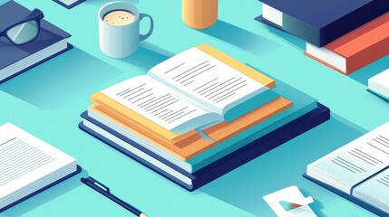 Open Book on Desk with Coffee Mug and Stationery: A Study Workspace with Reading Materials