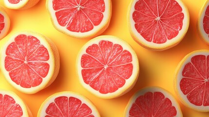 Vibrant Halved Red Grapefruits on Bright Yellow Background: Fresh Fruit Pattern