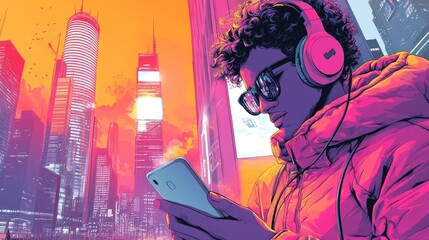 Urban Youth Immersed in Technology with Futuristic City Skyline at Sunset