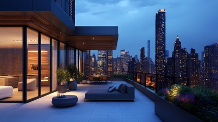 A flat roof with city views and potted plants on the terrace, creating a modern urban living space