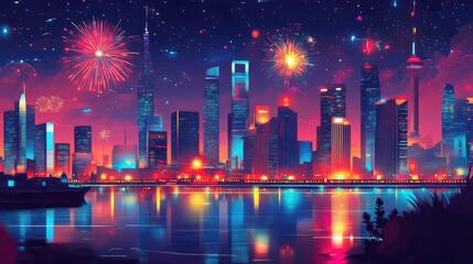 Vibrant Night Cityscape with Fireworks Display Reflecting on River