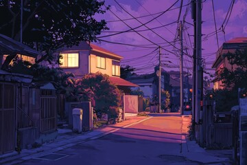 Fototapeta premium Strolling down a quiet residential street as the lights from cozy homes flicker in the distance. Cozy vibe, Generative AI