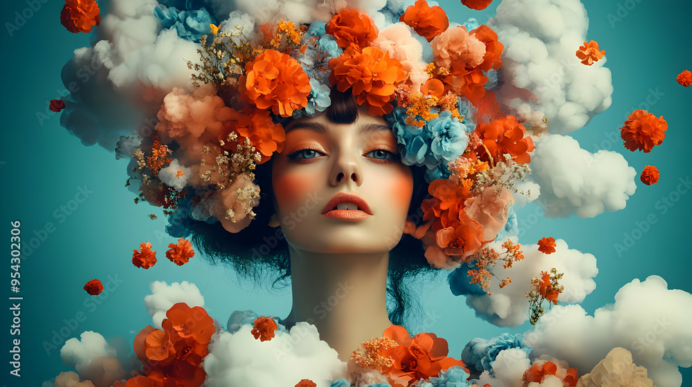 Canvas Prints Woman with orange flowers in her hair and a blue background.