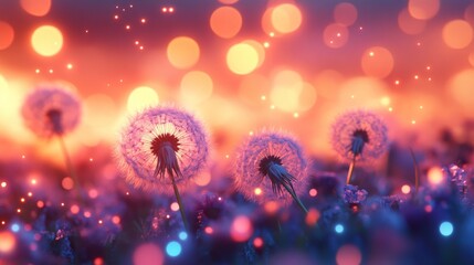 Obraz premium Dandelion Seeds in a Field of Bokeh at Sunset