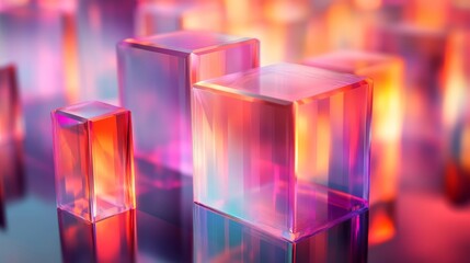 Three Prismatic Glass Cubes With Colorful Reflections