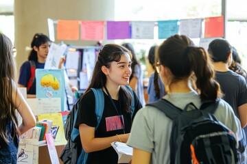 A campus club fair in full swing, with students visiting booths and asking questions. The event is buzzing with excitement and community spirit
