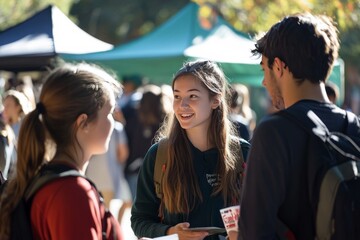 Students are gathered at a club fair on campus, talking to club members and collecting information. The event is a vibrant display of campus life