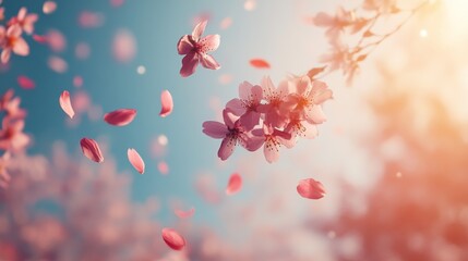 Pink Cherry Blossoms and Petals Falling in the Sunlight